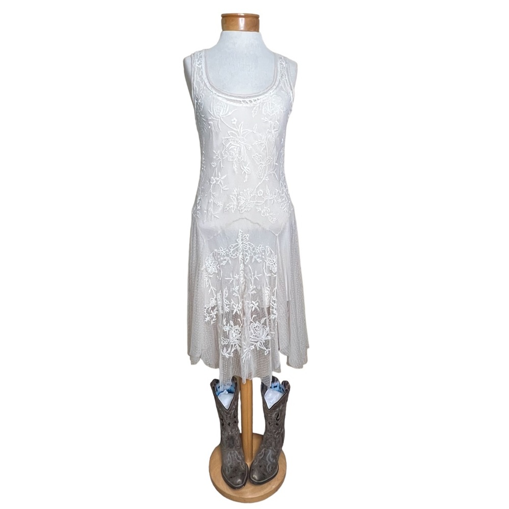 Johnny Was Biya Parchment Sheer Netting Embroidered Dress With Slip Small NWT - Picture 16 of 16